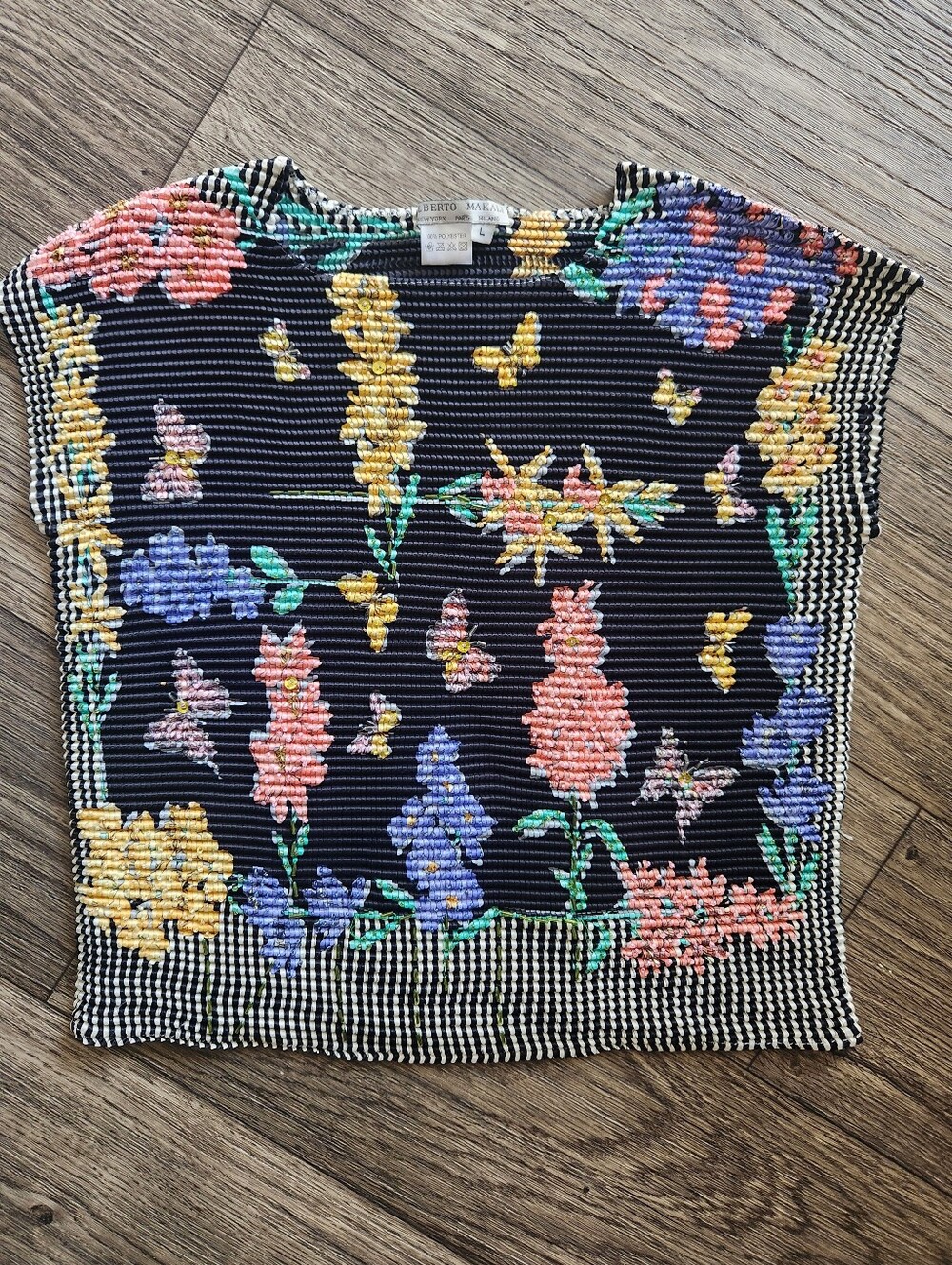 Alberto Makali Y2K Beaded Crinkle Pleated Floral Butterfly Tank Top Size L